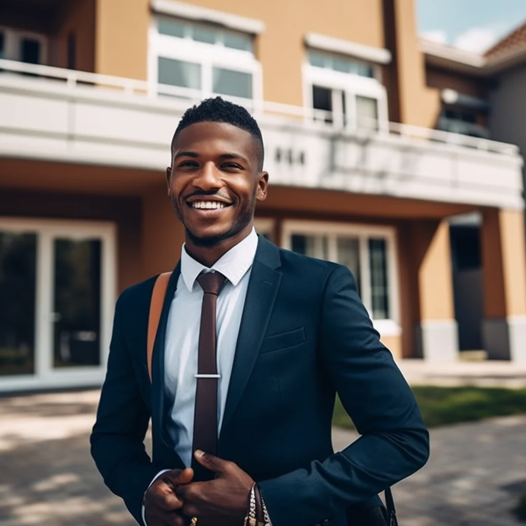 a man in a suit and tie is smiling in front of a large house