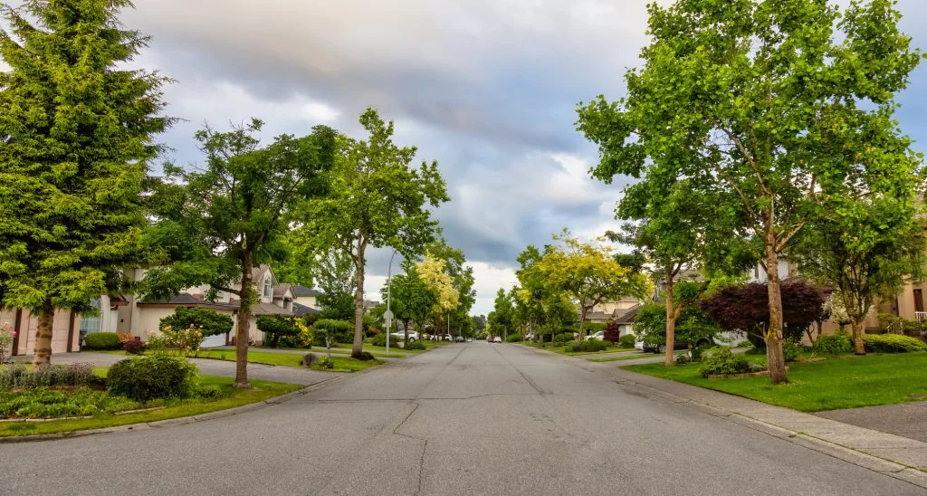 A quiet suburban street lined with green trees and residential houses under a partly cloudy sky.