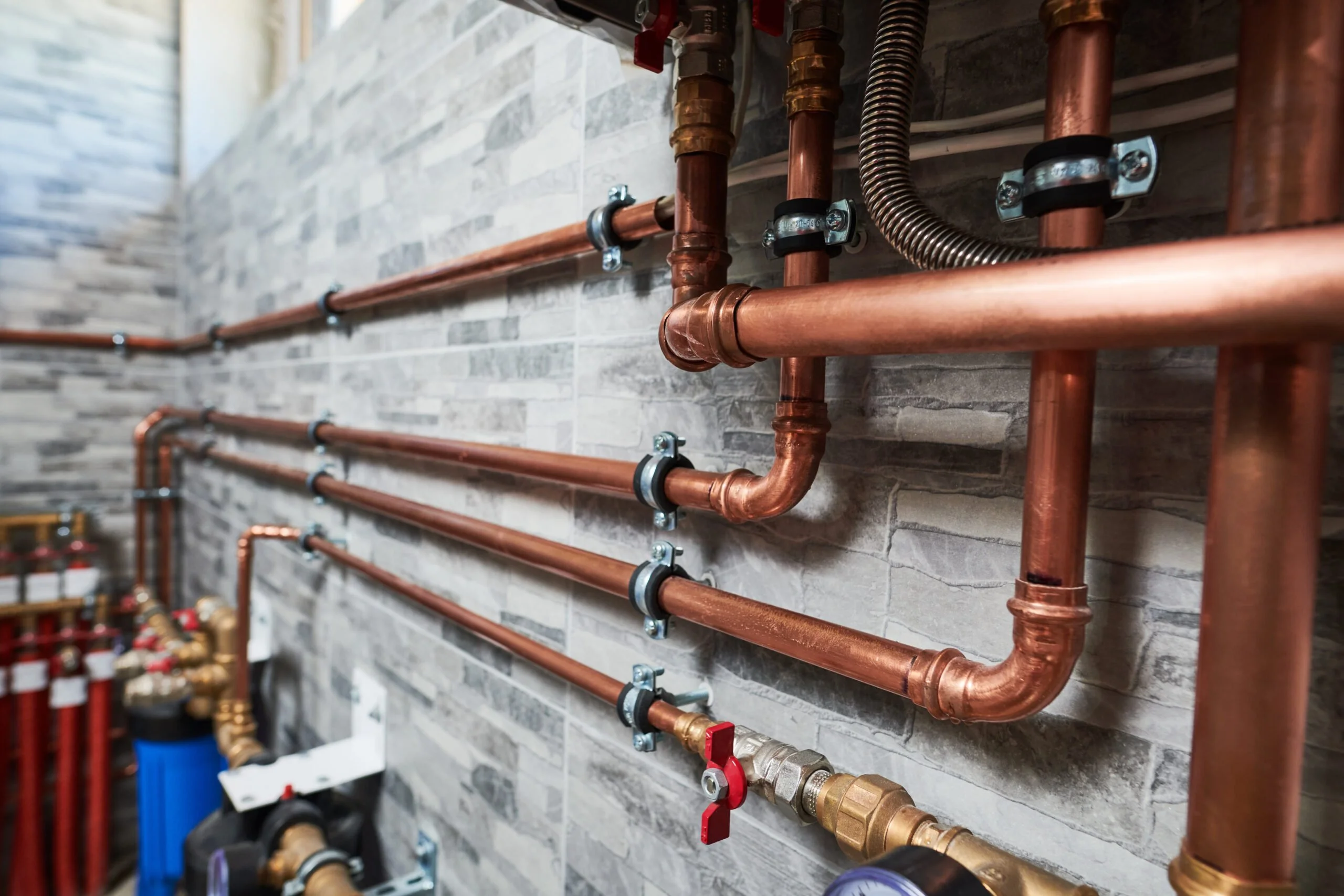 copper pipes are lined up against a tile wall